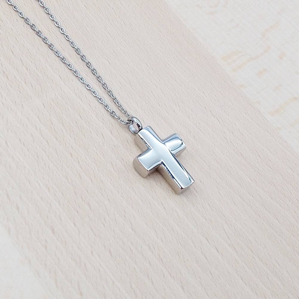 Cross Silver Stainless Steel Keepsake Ashes Cremation Urn Memorial Pendant Necklace