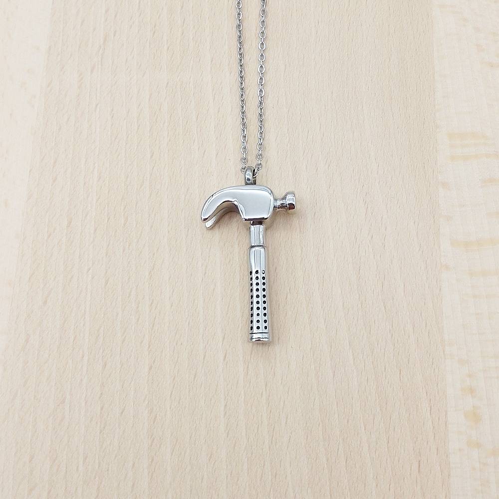 Hammer Silver Stainless Steel Keepsake Ashes Cremation Urn Memorial Pendant Necklace