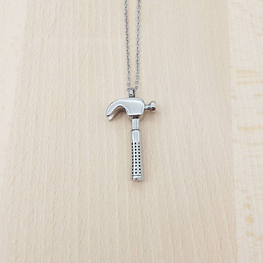 Hammer Silver Stainless Steel Keepsake Ashes Cremation Urn Memorial Pendant Necklace