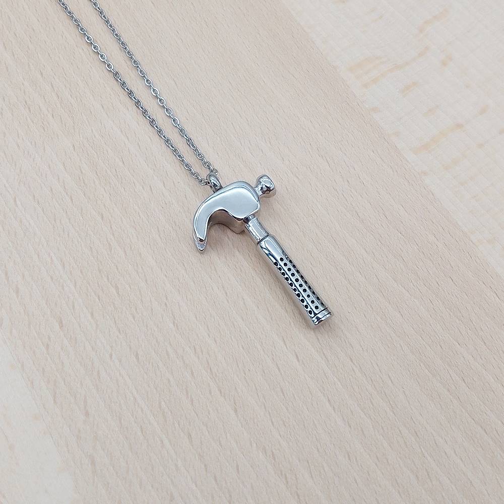 Hammer Silver Stainless Steel Keepsake Ashes Cremation Urn Memorial Pendant Necklace