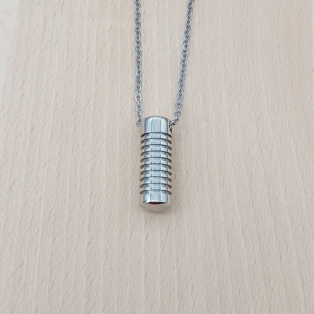 Ridged Cylinder Silver Stainless Steel Keepsake Ashes Cremation Urn Memorial Pendant Necklace