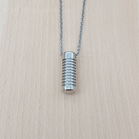 Ridged Cylinder Silver Stainless Steel Keepsake Ashes Cremation Urn Memorial Pendant Necklace