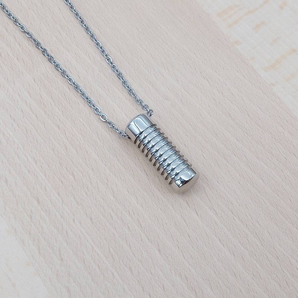 Ridged Cylinder Silver Stainless Steel Keepsake Ashes Cremation Urn Memorial Pendant Necklace