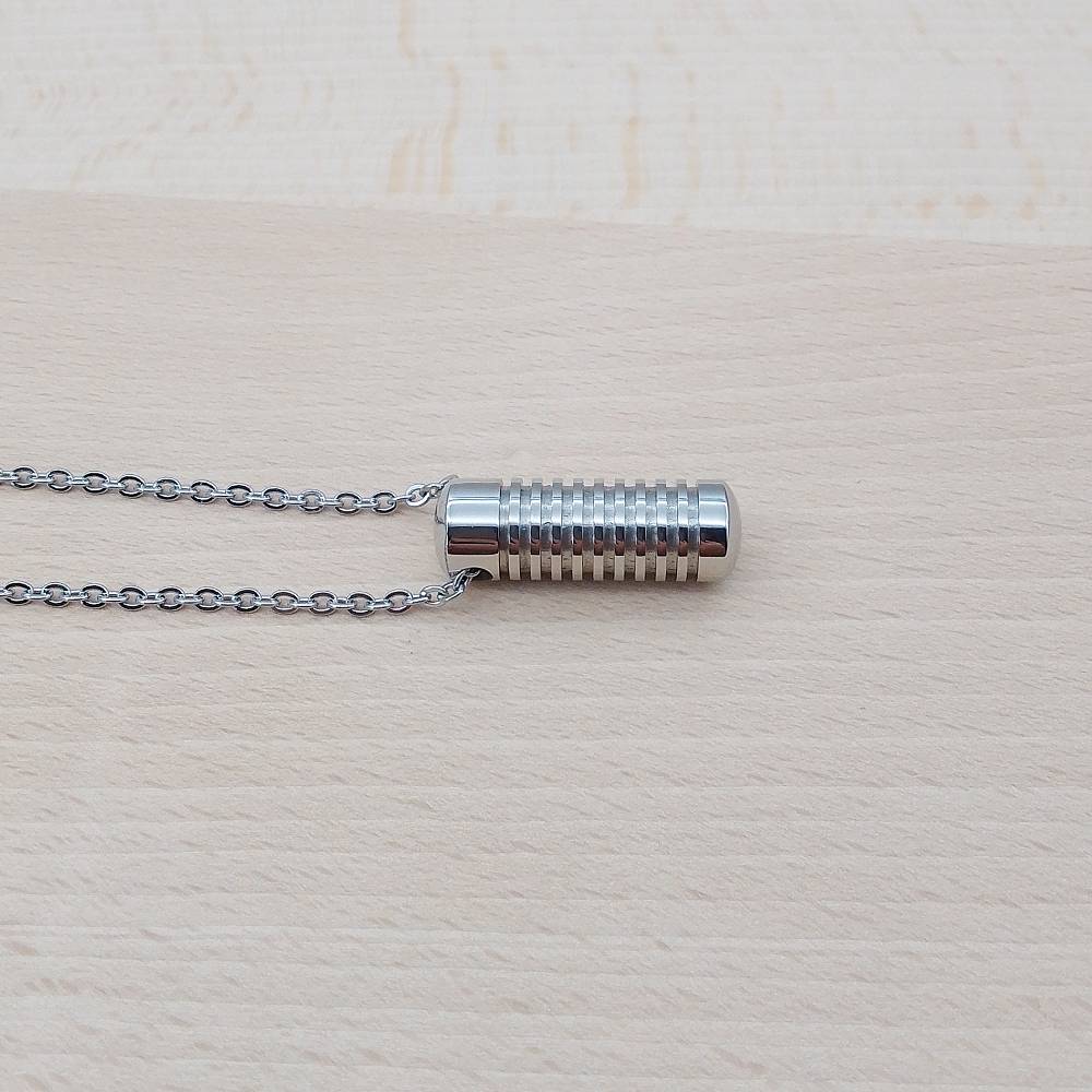 Ridged Cylinder Silver Stainless Steel Keepsake Ashes Cremation Urn Memorial Pendant Necklace