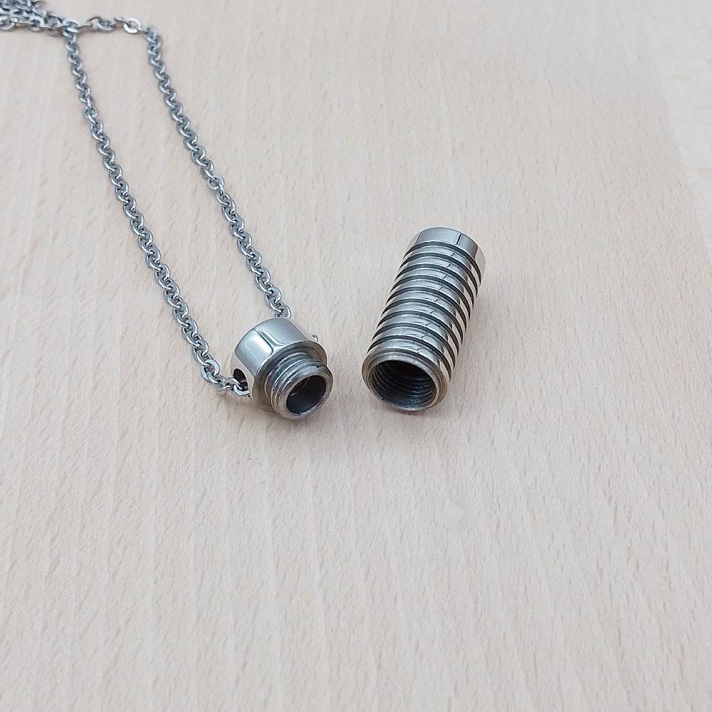 Ridged Cylinder Silver Stainless Steel Keepsake Ashes Cremation Urn Memorial Pendant Necklace