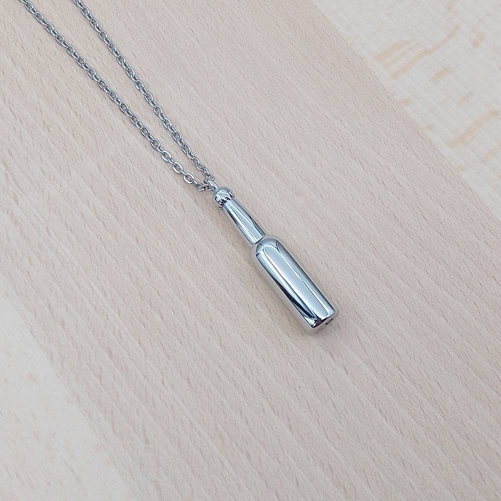 Beer Bottle Silver Stainless Steel Keepsake Ashes Cremation Urn Memorial Pendant Necklace