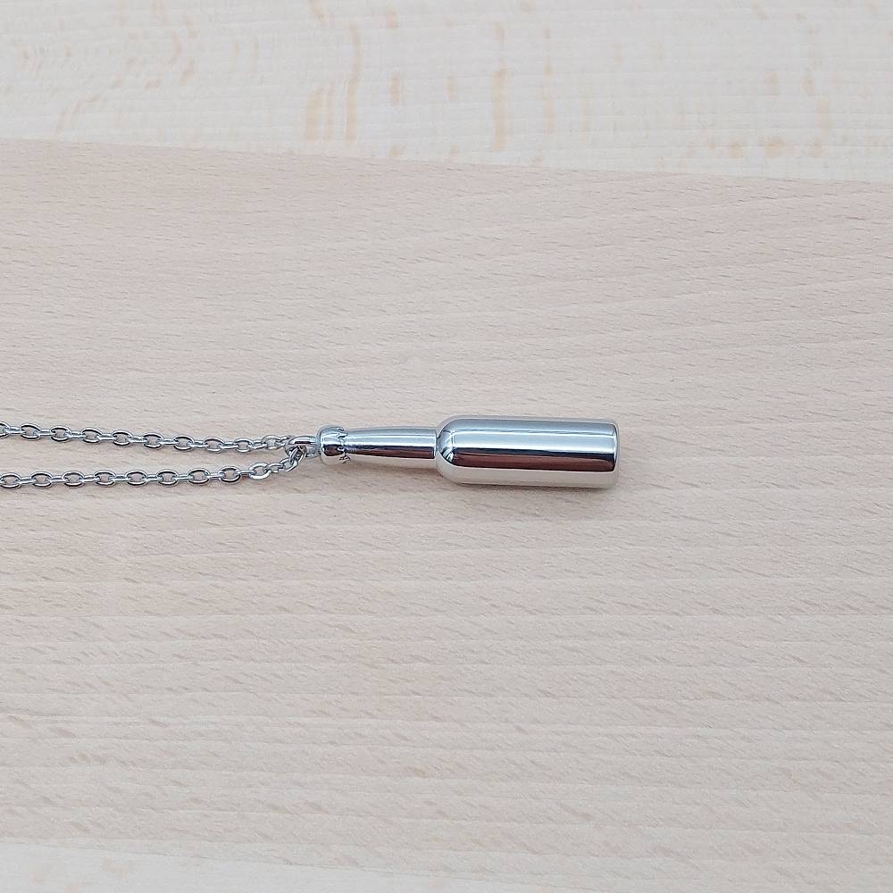 Beer Bottle Silver Stainless Steel Keepsake Ashes Cremation Urn Memorial Pendant Necklace