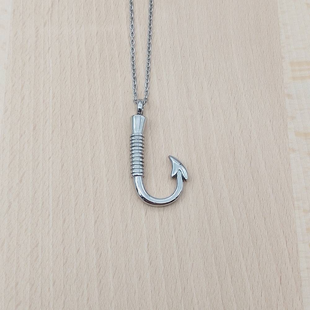 Fish Hook Silver Stainless Steel Keepsake Ashes Cremation Urn Memorial Pendant Necklace
