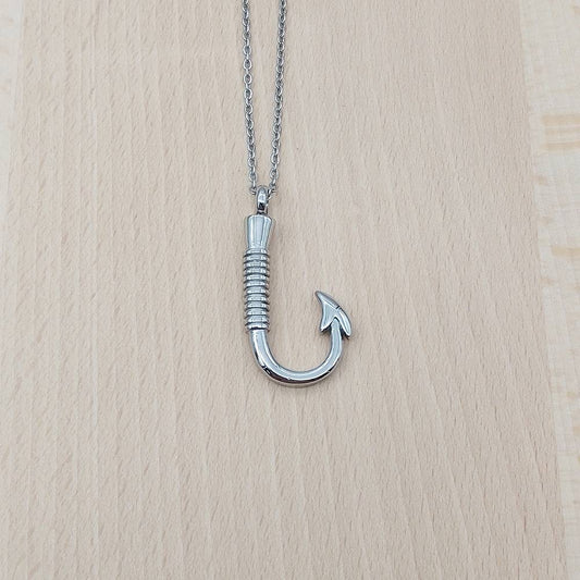 Fish Hook Silver Stainless Steel Keepsake Ashes Cremation Urn Memorial Pendant Necklace