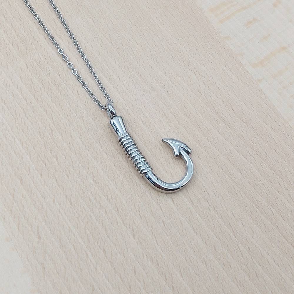 Fish Hook Silver Stainless Steel Keepsake Ashes Cremation Urn Memorial Pendant Necklace