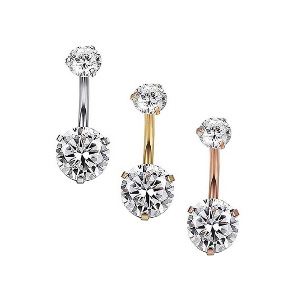 Clear Round CZ Stainless Steel Belly Bar Golden-Rose Gold-Silver