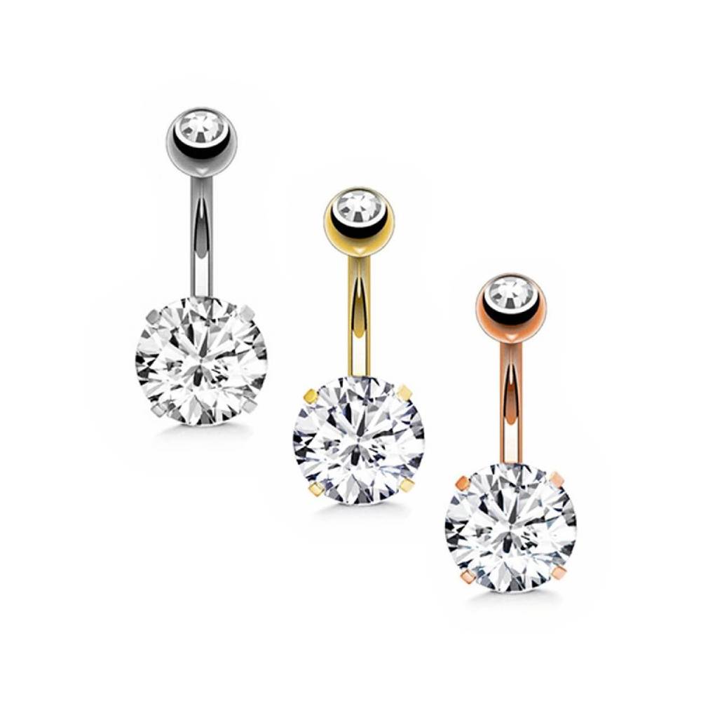 Clear Round CZ Stainless Steel Belly Bar Golden-Rose Gold-Silver