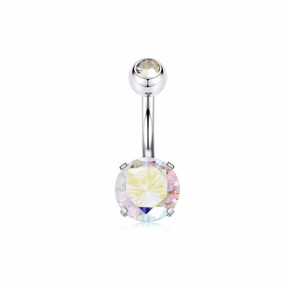 AB Round CZ Silver Stainless Steel Belly Bar