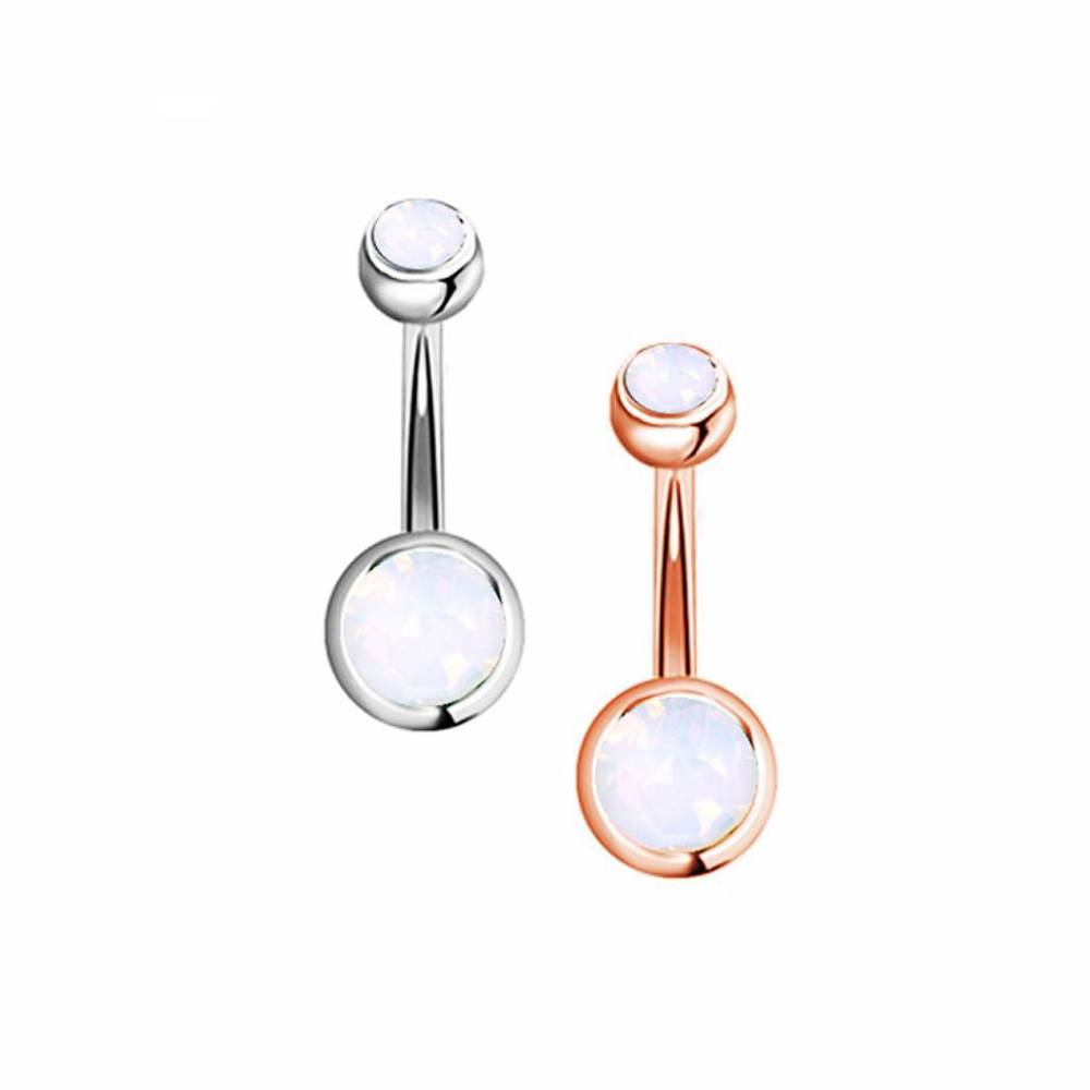 Milky White Round CZ Stainless Steel Belly Bar Rose Gold-Silver