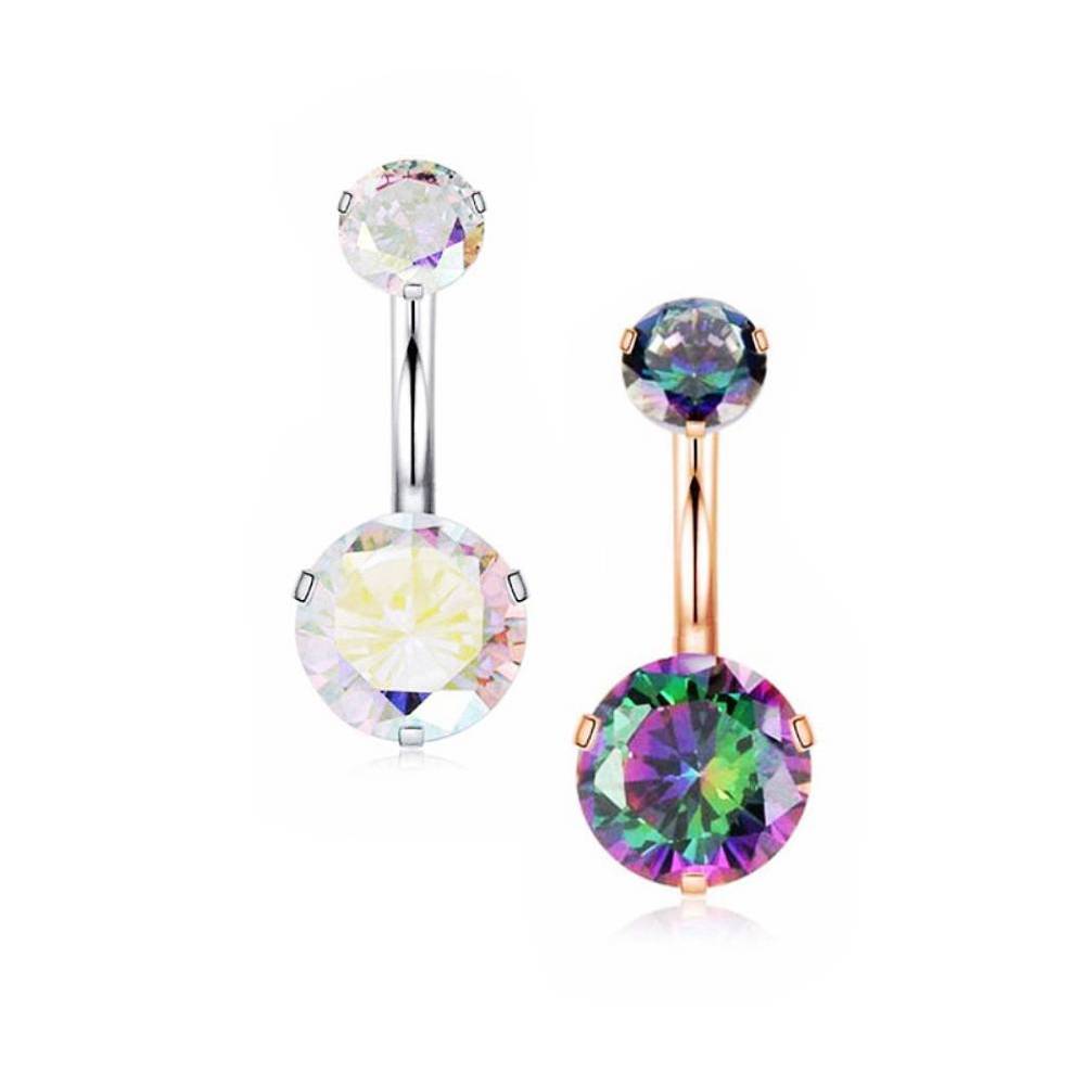 Multi/AB Round CZ Stainless Steel Belly Bar Rose Gold-Silver