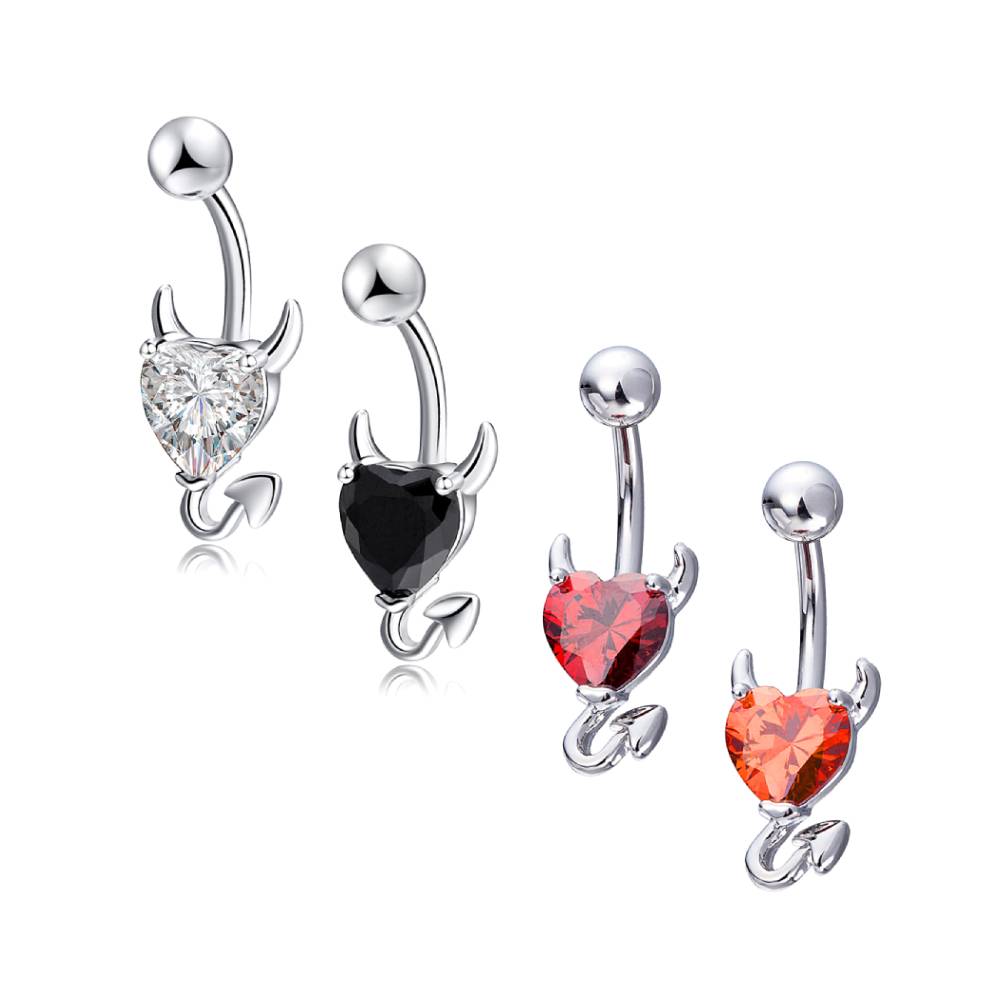 Devil Heart CZ Silver Stainless Steel Belly Bar Black-Clear-Red