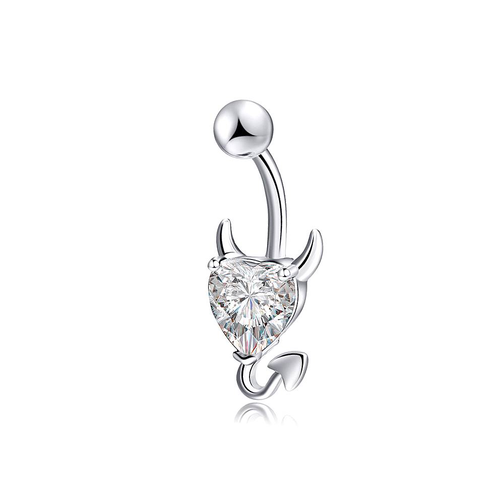 Devil Heart CZ Silver Stainless Steel Belly Bar Black-Clear-Red