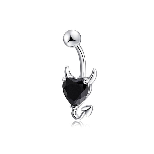 Devil Heart CZ Silver Stainless Steel Belly Bar Black-Clear-Red