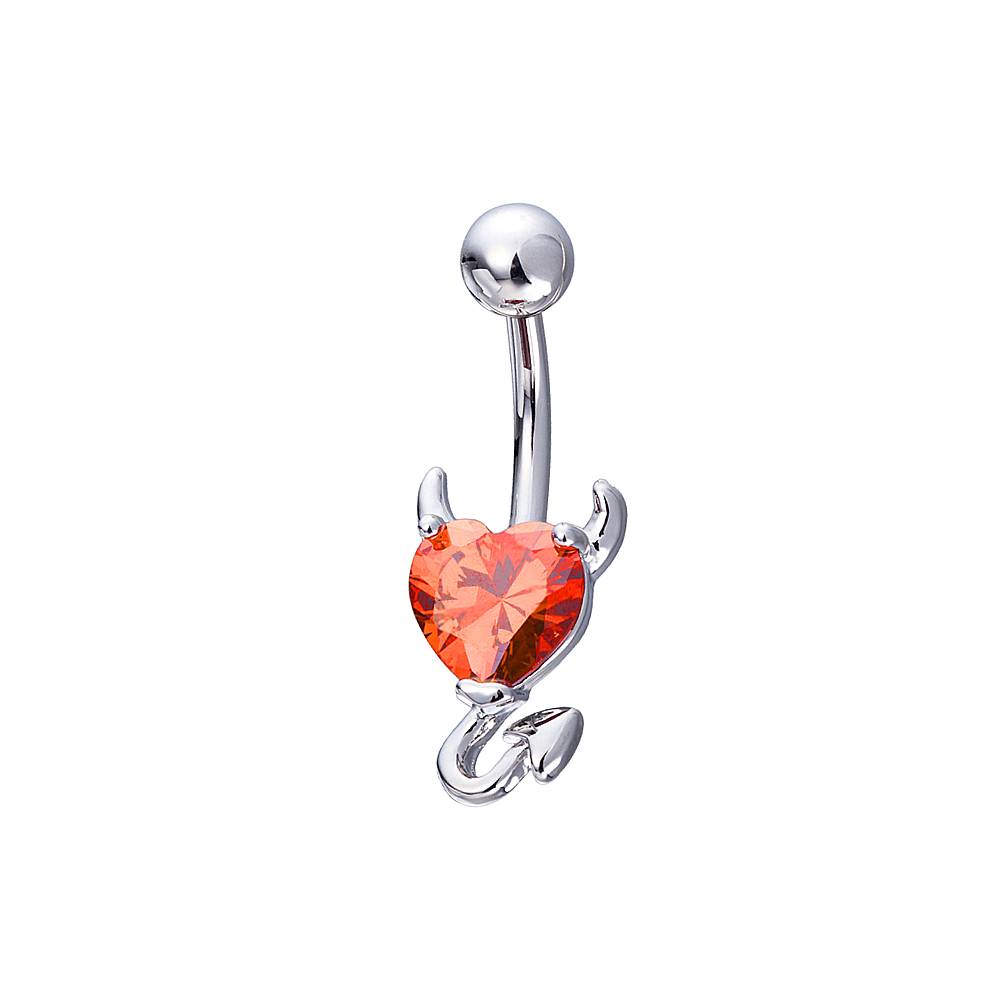Devil Heart CZ Silver Stainless Steel Belly Bar Black-Clear-Red
