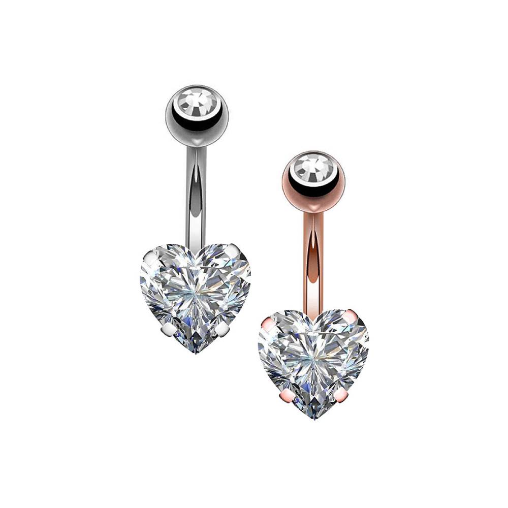 Clear Heart Round CZ Stainless Steel Belly Bar Rose Gold-Silver