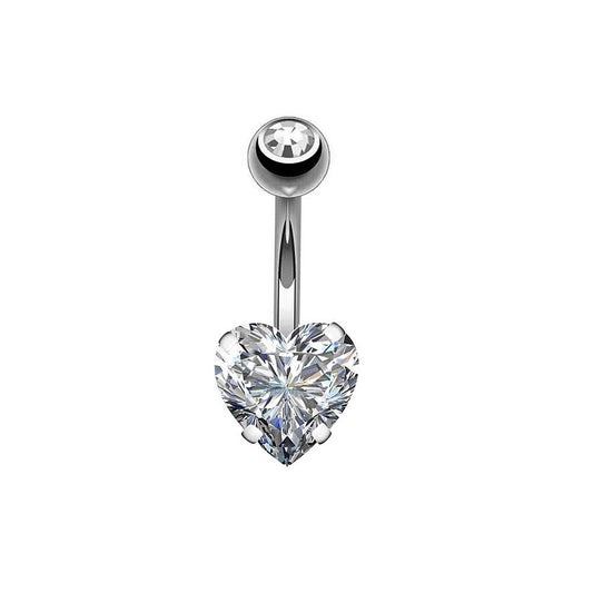 Clear Heart Round CZ Stainless Steel Belly Bar Rose Gold-Silver