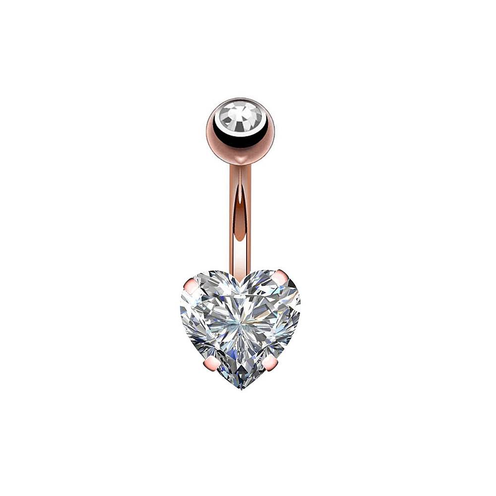 Clear Heart Round CZ Stainless Steel Belly Bar Rose Gold-Silver