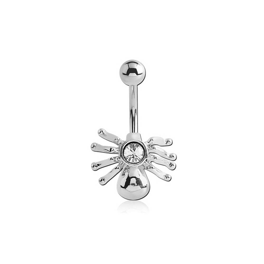 Spider Clear CZ Silver Stainless Steel Belly Bar