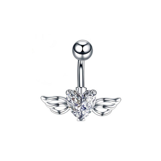 Wings Clear Heart CZ Stainless Steel Belly Bar Golden-Silver