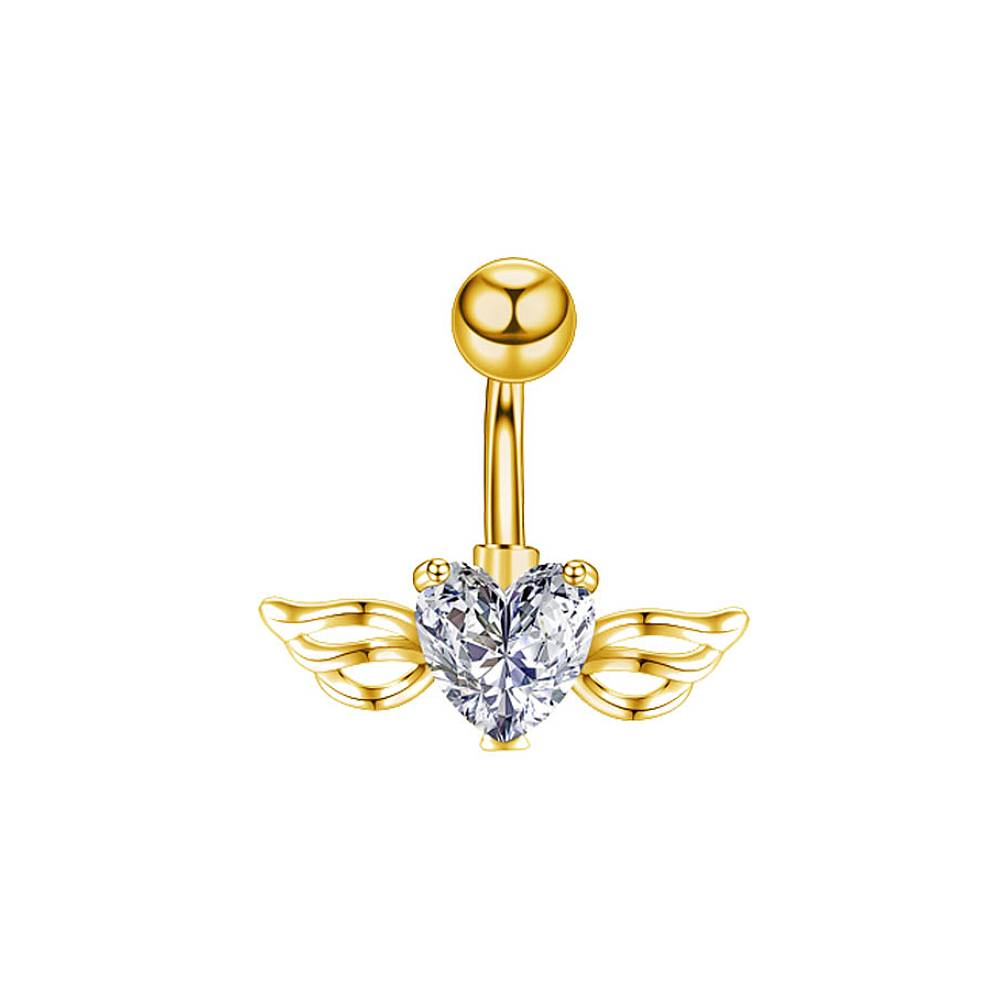 Wings Clear Heart CZ Stainless Steel Belly Bar Golden-Silver