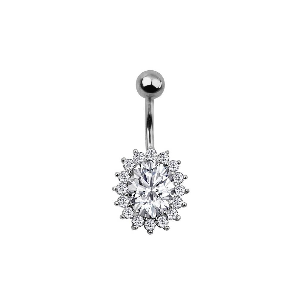 Oval Clear CZ Silver Stainless Steel Belly Bar