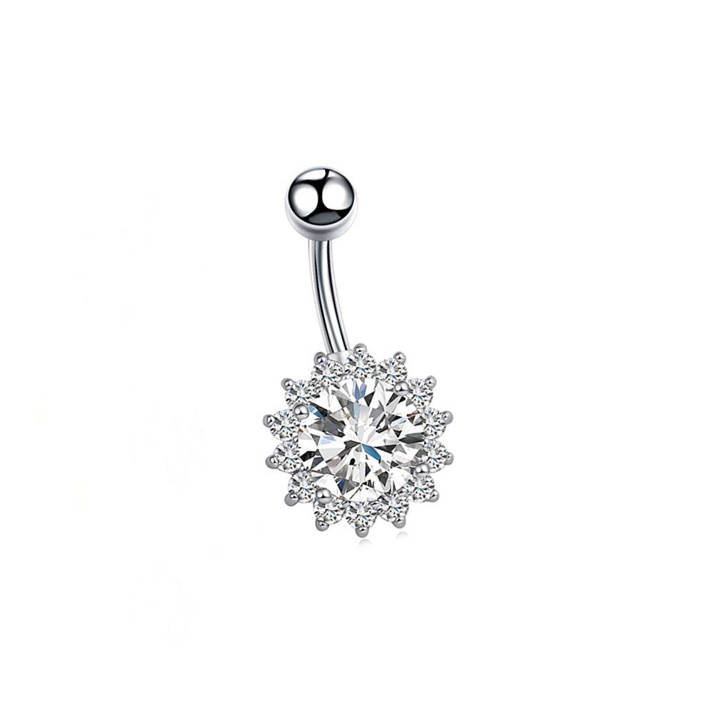 Flower Clear CZ Silver Stainless Steel Belly Bar