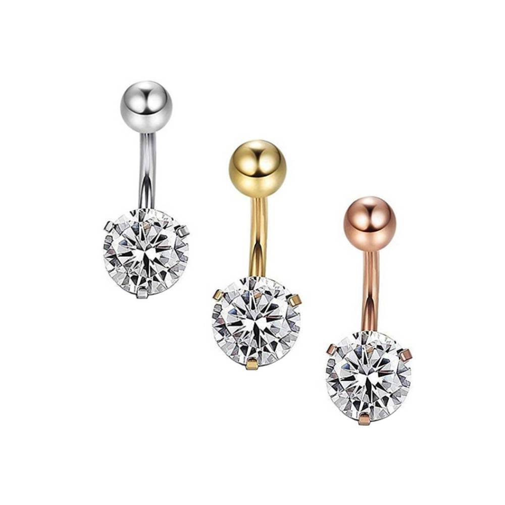 Clear Round CZ Stainless Steel Belly Bar Golden-Rose Gold-Silver