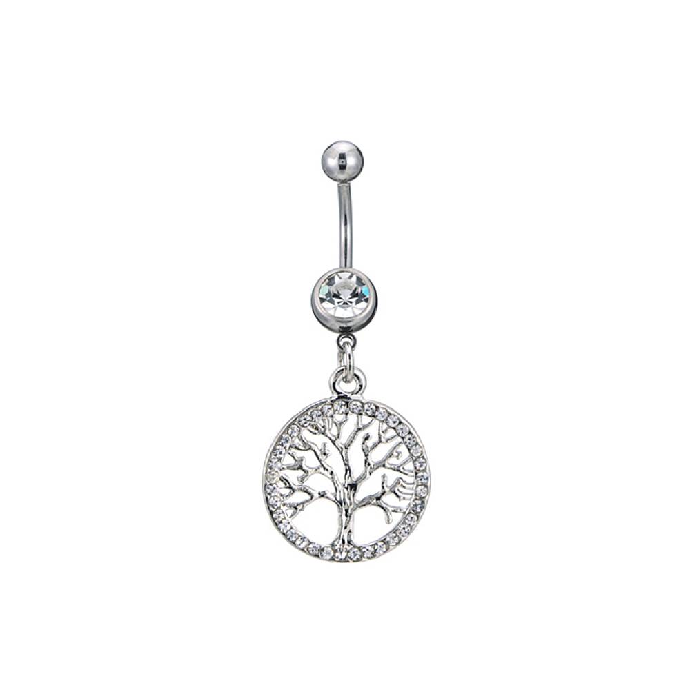 Tree Of Life Clear CZ Silver Stainless Steel Belly Bar