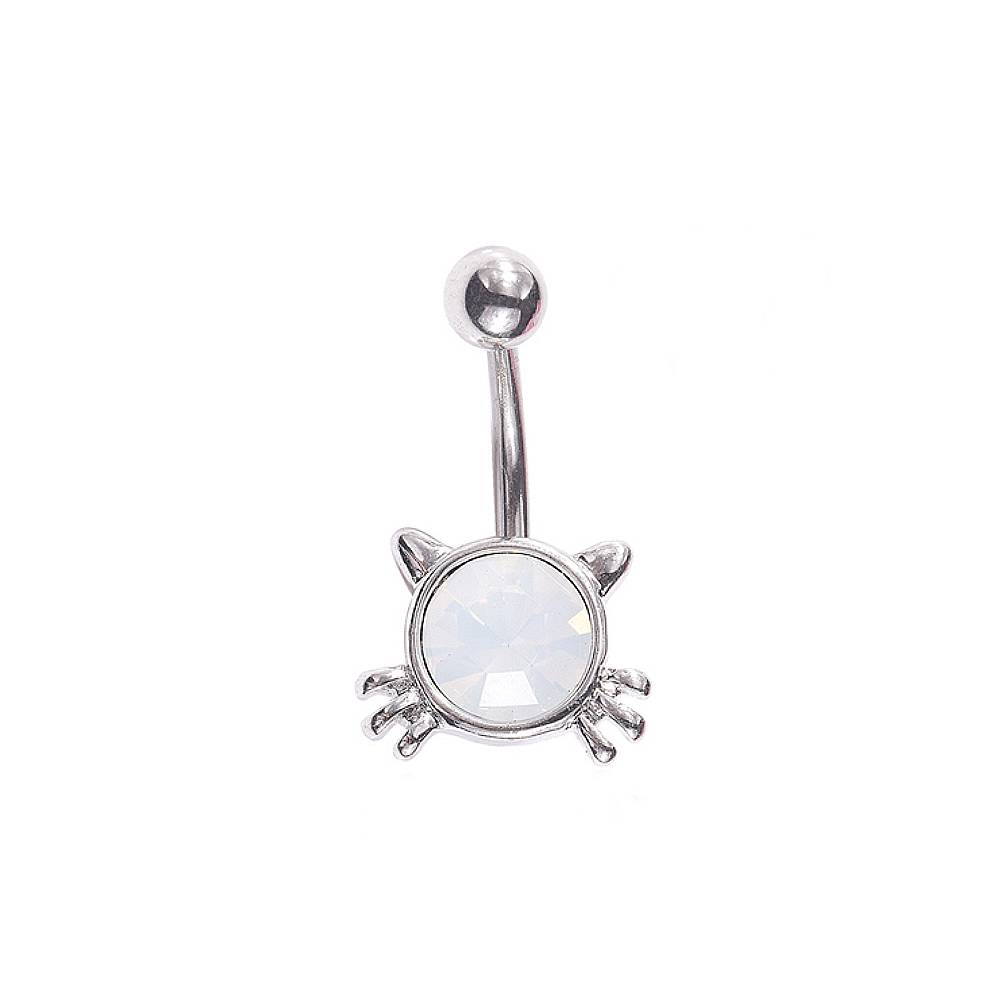 Cat Face Milky White CZ Silver Stainless Steel Belly Bar
