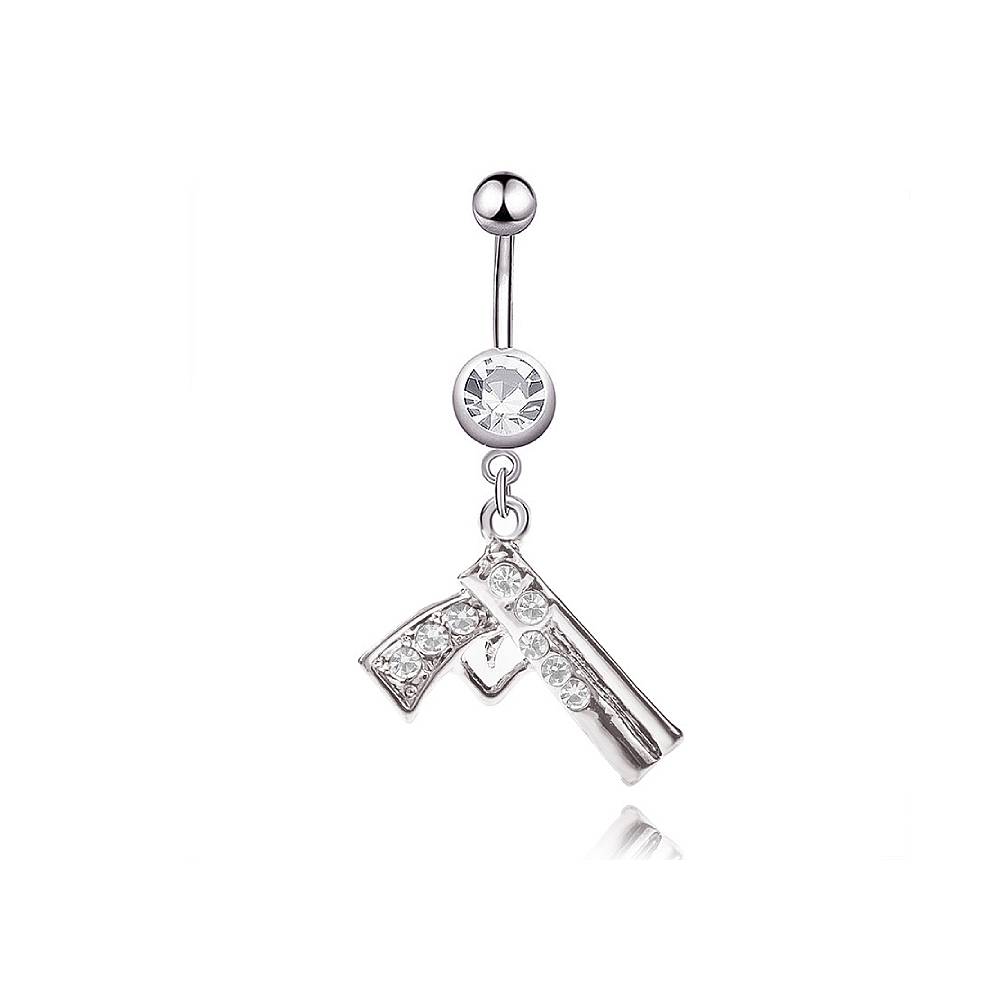 Gun Clear CZ Silver Stainless Steel Belly Bar