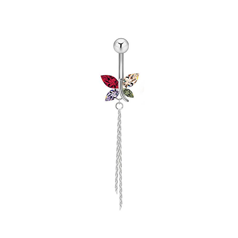 Butterfly Multi CZ Dangle Silver Stainless Steel Belly Bar