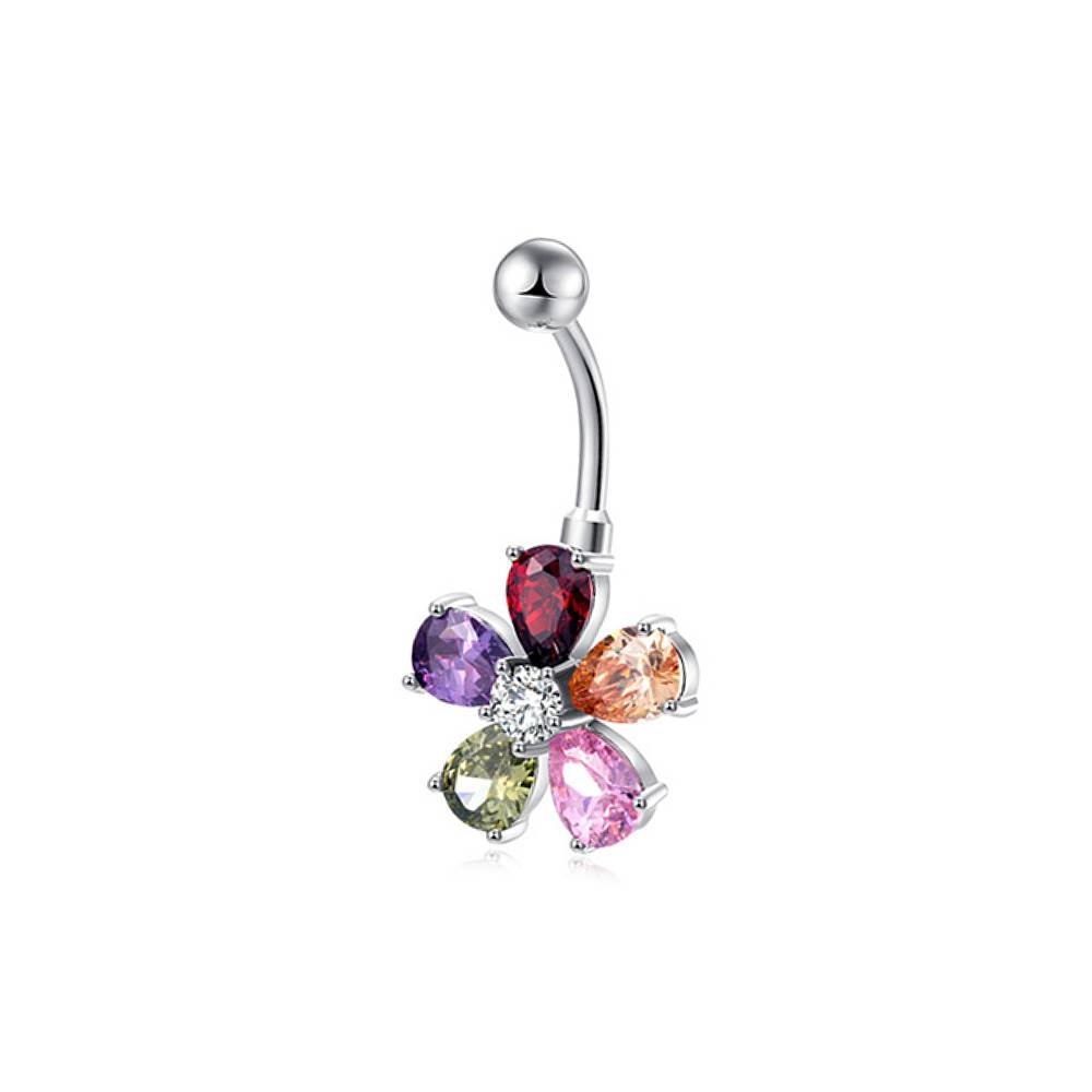 Flower Multi CZ Silver Stainless Steel Belly Bar