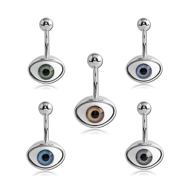 Eyeball Oval Silver Stainless Steel Belly Bar Blue-Brown-Green-Grey