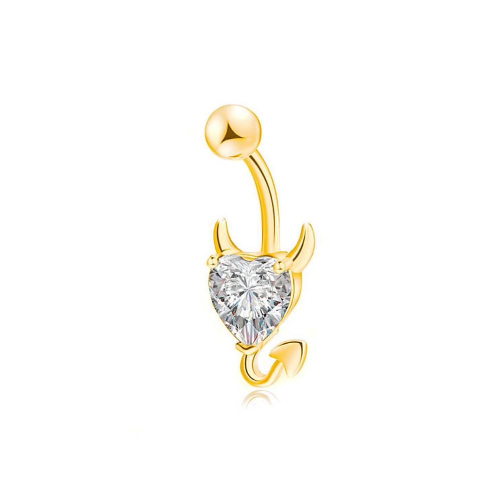Devil Clear Heart CZ Golden Stainless Steel Belly Bar