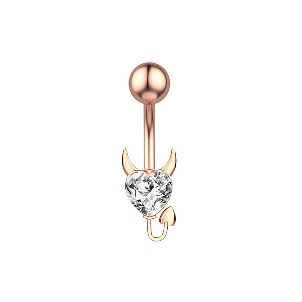Devil Clear Heart CZ Rose Gold Stainless Steel Belly Bar