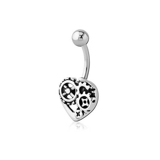 Steampunk Heart Silver Stainless Steel Belly Bar