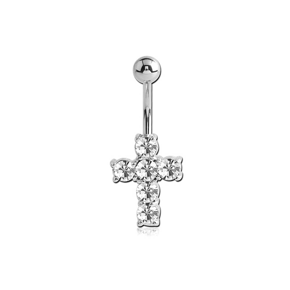 Cross Clear CZ Silver Stainless Steel Belly Bar
