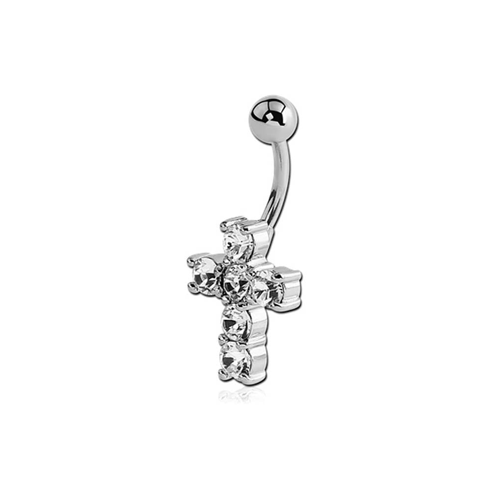 Cross Clear CZ Silver Stainless Steel Belly Bar