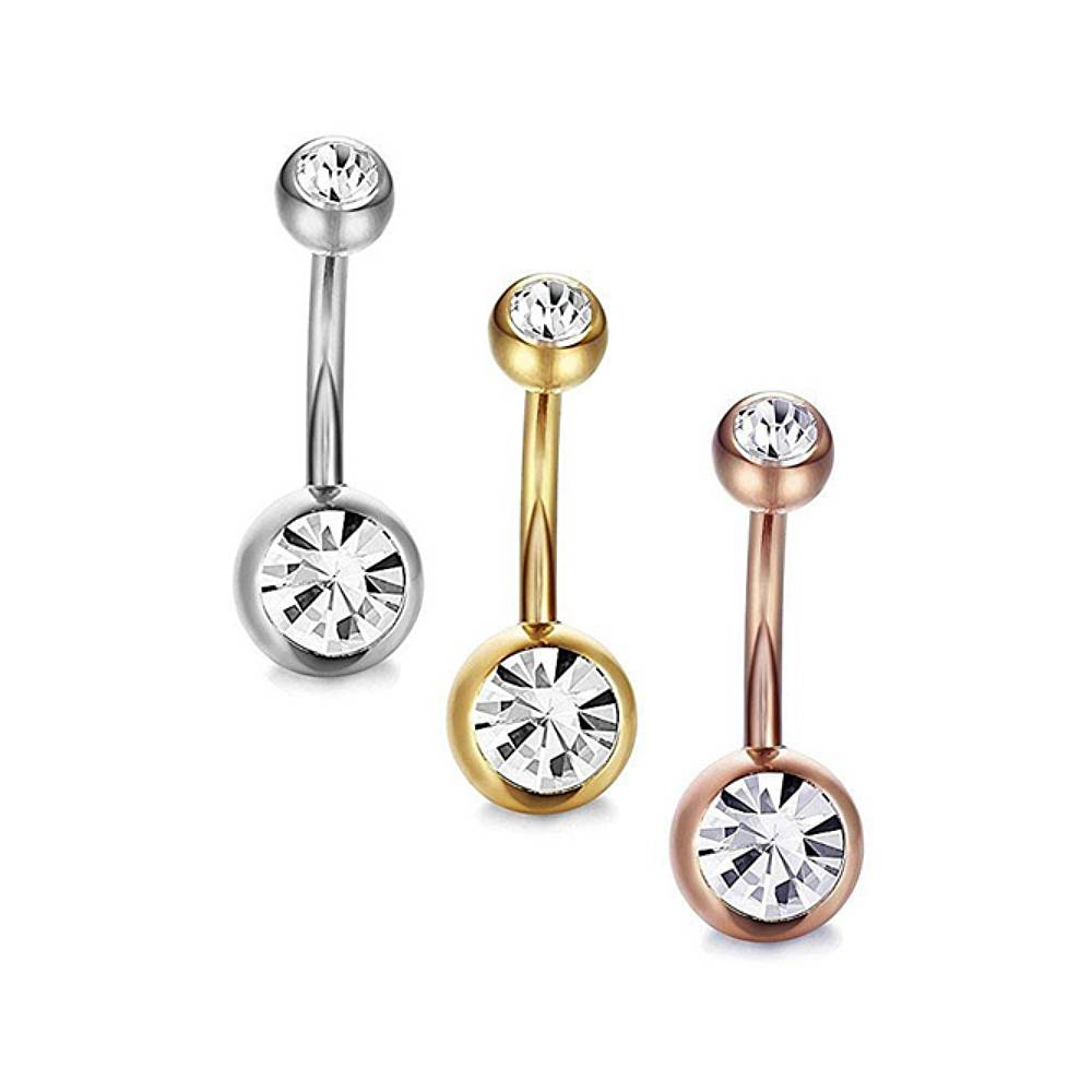 Clear Round CZ Golden Stainless Steel Belly Bar Golden-Rose Gold-Silver