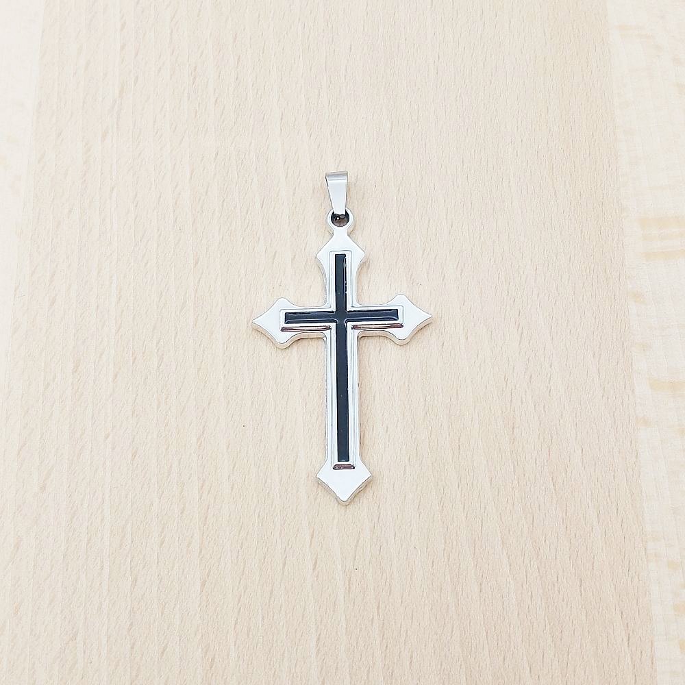 Cross Black Enamel Silver Stainless Steel Pendant