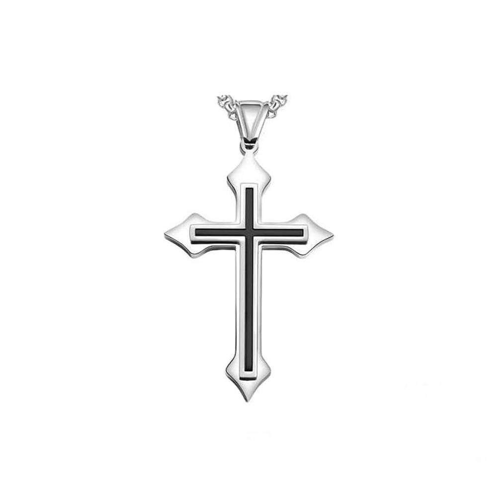 Cross Black Enamel Silver Stainless Steel Pendant