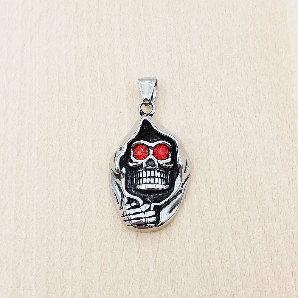 Skeleton Face Hood Red CZ Silver Stainless Steel Pendant