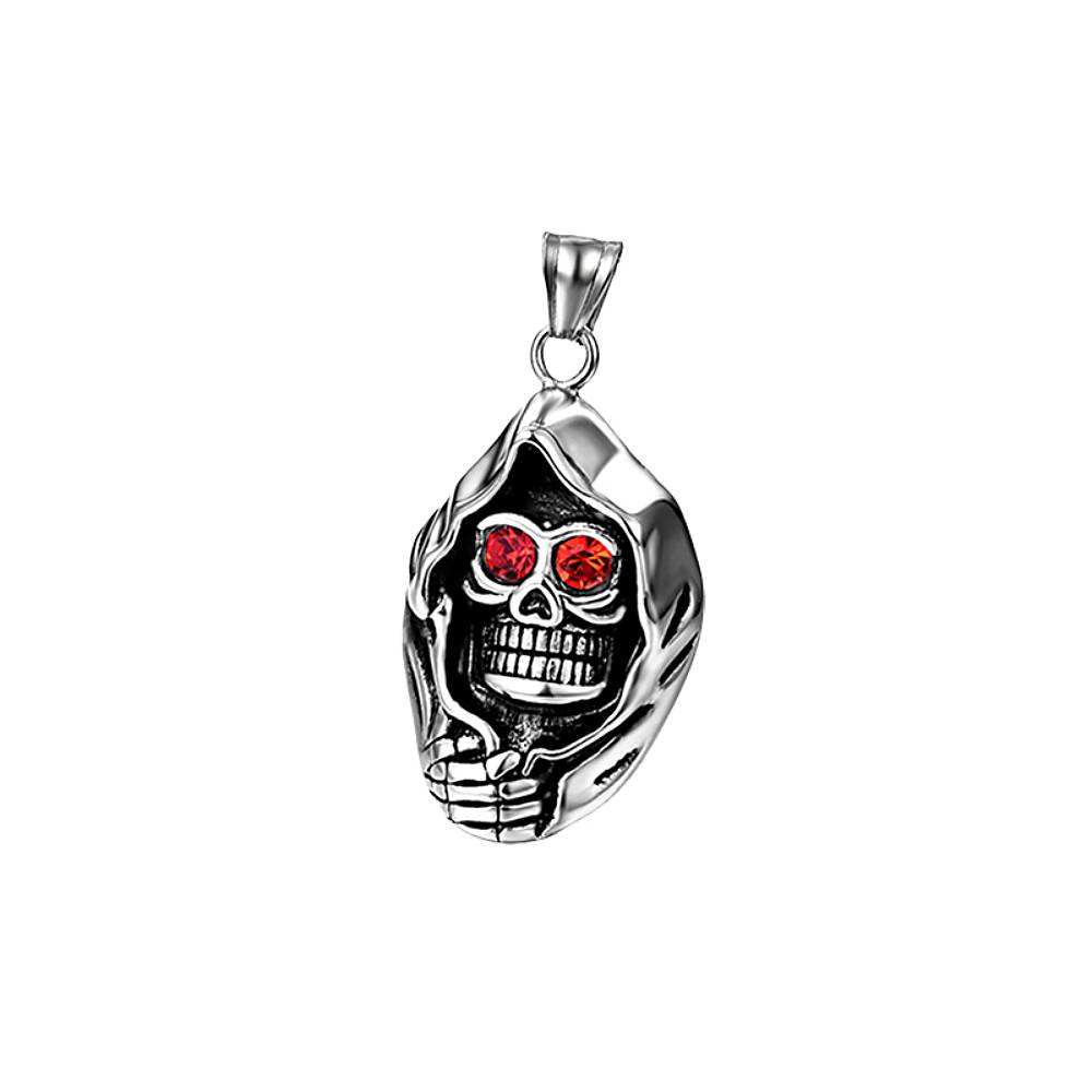 Skeleton Face Hood Red CZ Silver Stainless Steel Pendant