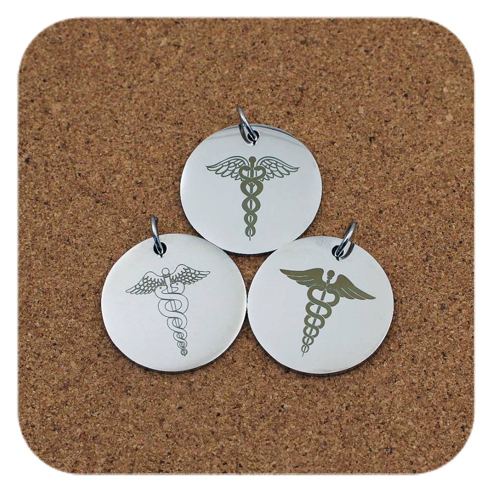 Caduceus Medical ID Stainless Steel Pendant Clip On Charm Necklace Engraved Custom