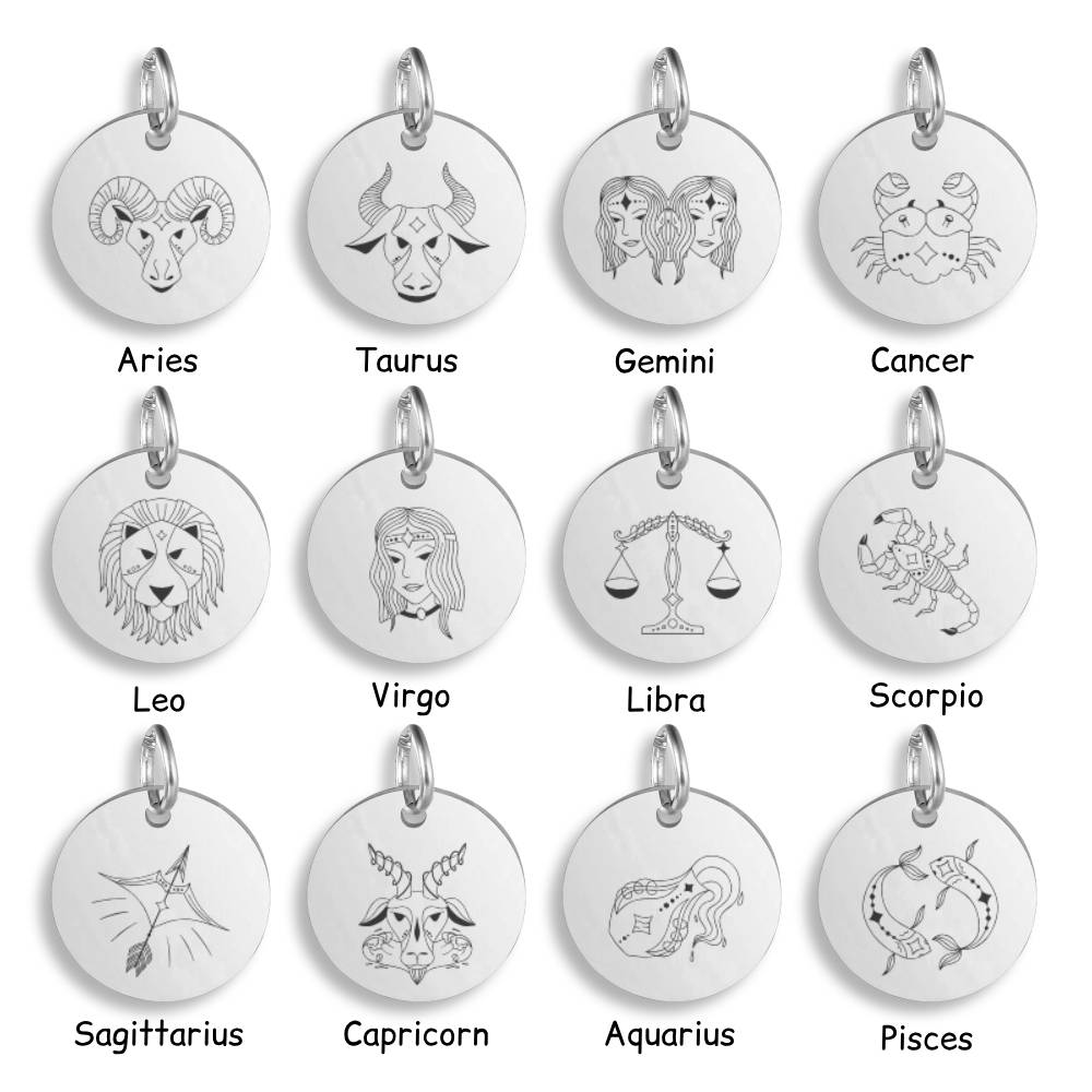 Zodiac Star Sign Engraved Stainless Steel Pendant Clip On Charm Necklace